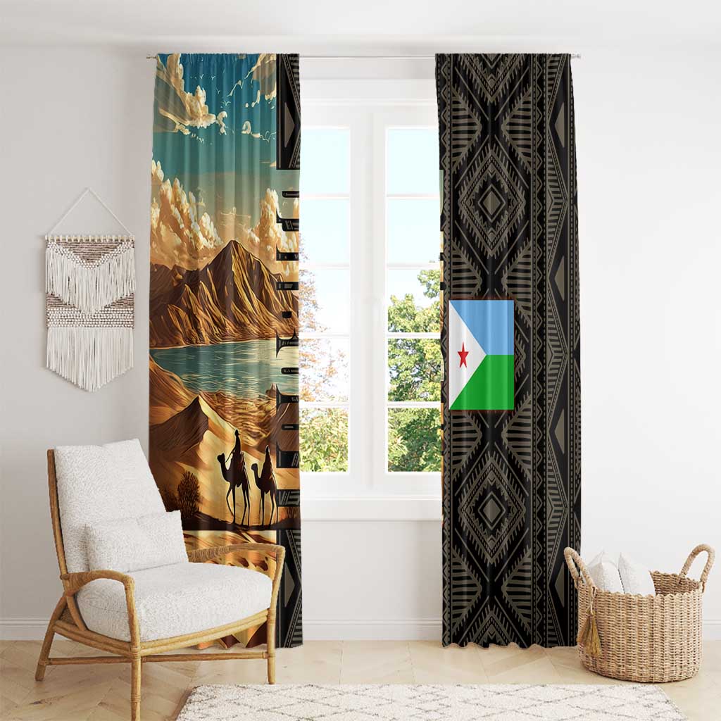 Djibouti Desert Landscape Tadjoura Window Curtain with Camel Riders and Tribal Pattern Design
