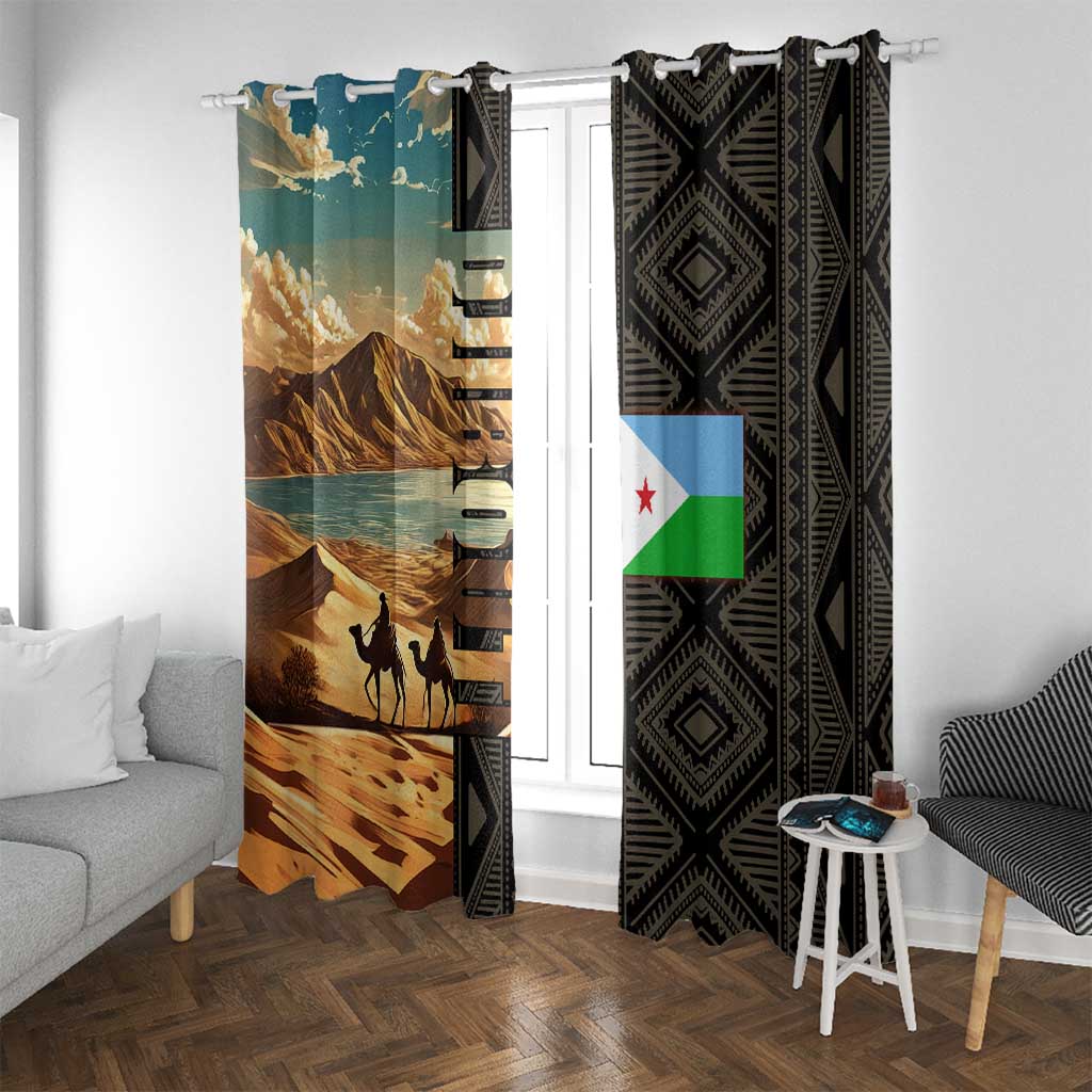 Djibouti Desert Landscape Tadjoura Window Curtain with Camel Riders and Tribal Pattern Design