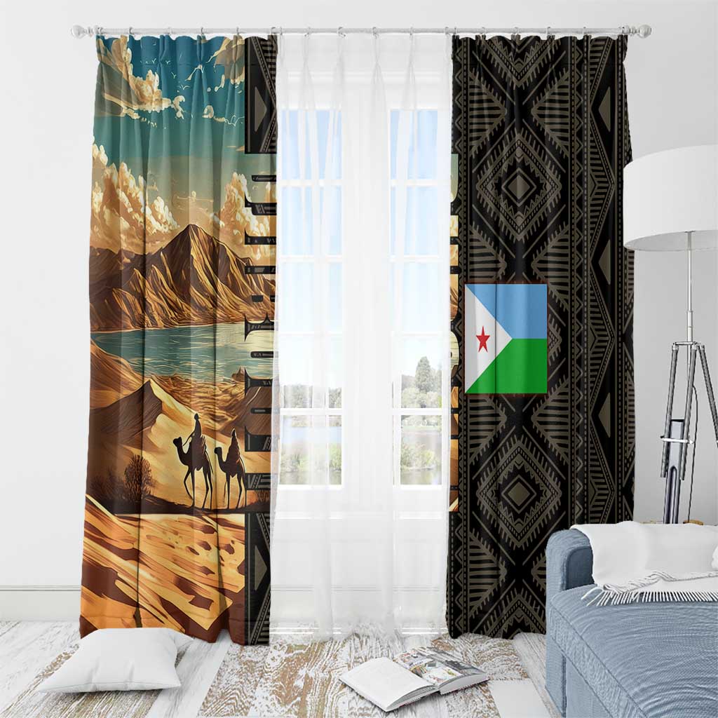 Djibouti Desert Landscape Tadjoura Window Curtain with Camel Riders and Tribal Pattern Design