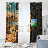 Djibouti Desert Landscape Tadjoura Window Curtain with Camel Riders and Tribal Pattern Design