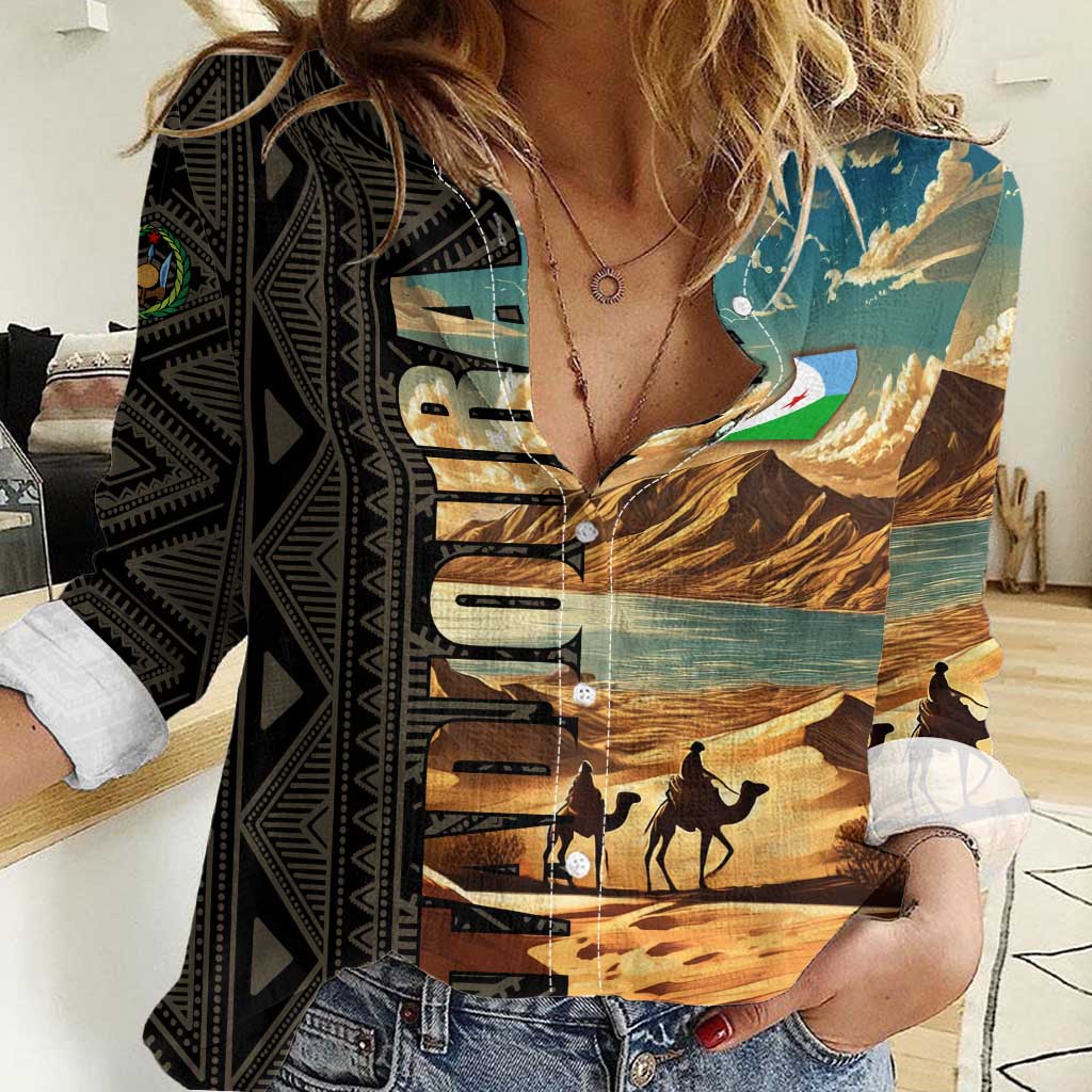 Djibouti Desert Landscape Tadjoura Women Casual Shirt with Camel Riders and Tribal Pattern Design