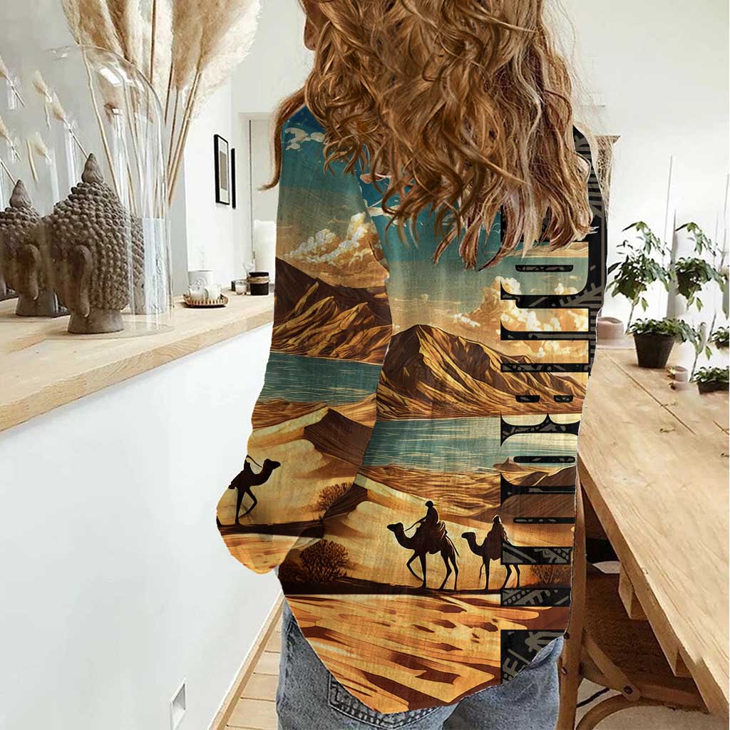 Djibouti Desert Landscape Tadjoura Women Casual Shirt with Camel Riders and Tribal Pattern Design