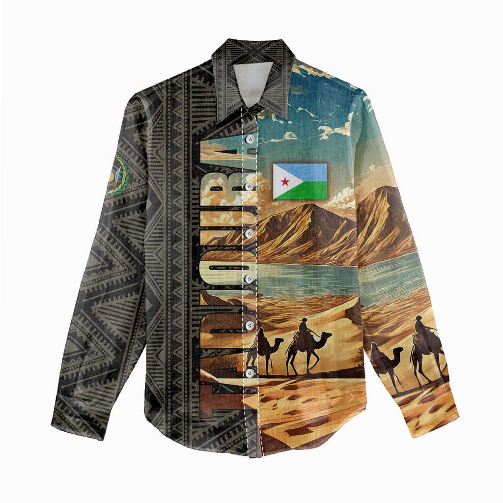 Djibouti Desert Landscape Tadjoura Women Casual Shirt with Camel Riders and Tribal Pattern Design