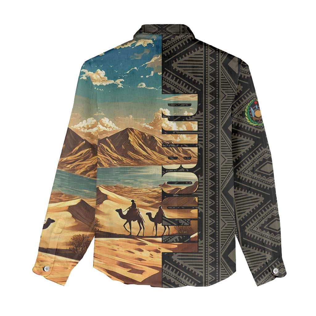 Djibouti Desert Landscape Tadjoura Women Casual Shirt with Camel Riders and Tribal Pattern Design