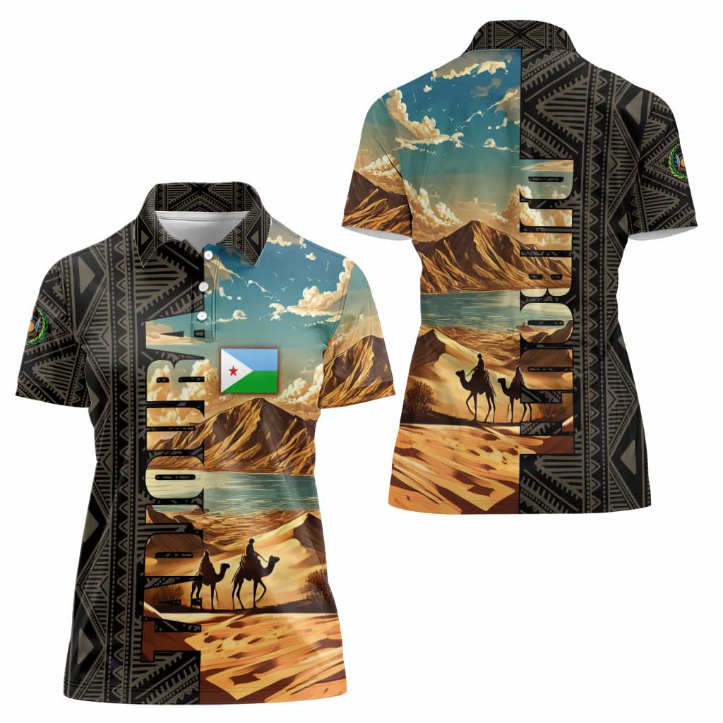 Djibouti Desert Landscape Tadjoura Women Polo Shirt with Camel Riders and Tribal Pattern Design
