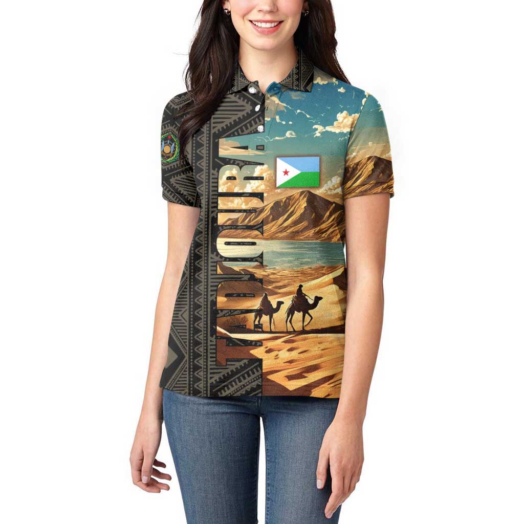 Djibouti Desert Landscape Tadjoura Women Polo Shirt with Camel Riders and Tribal Pattern Design