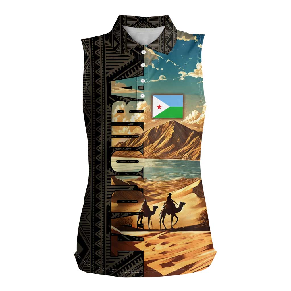 Djibouti Desert Landscape Tadjoura Women Sleeveless Polo Shirt with Camel Riders and Tribal Pattern Design