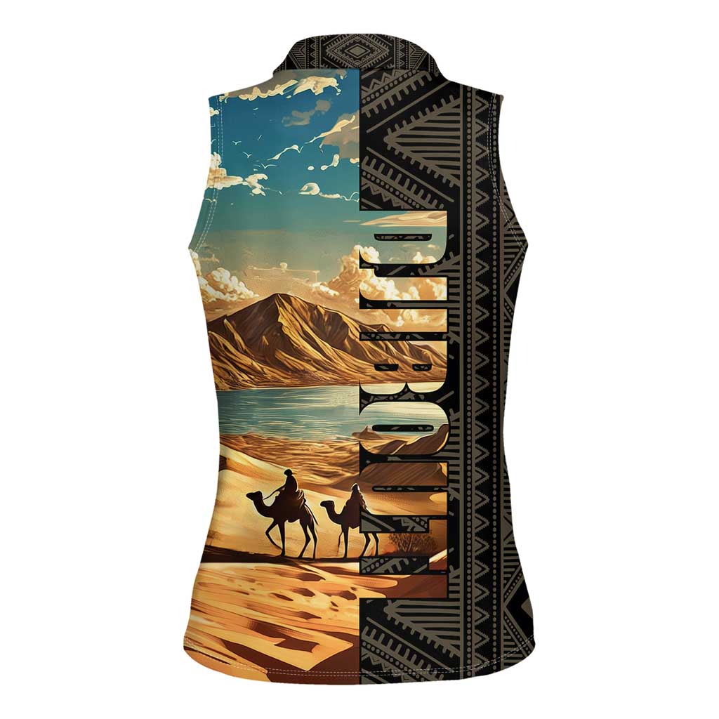 Djibouti Desert Landscape Tadjoura Women Sleeveless Polo Shirt with Camel Riders and Tribal Pattern Design