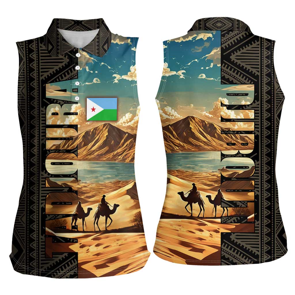 Djibouti Desert Landscape Tadjoura Women Sleeveless Polo Shirt with Camel Riders and Tribal Pattern Design
