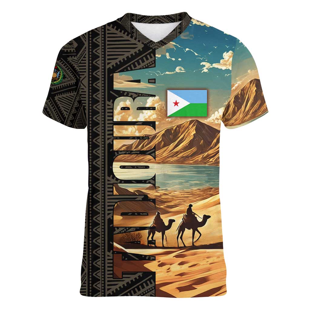Djibouti Desert Landscape Tadjoura Women V-Neck T-Shirt with Camel Riders and Tribal Pattern Design