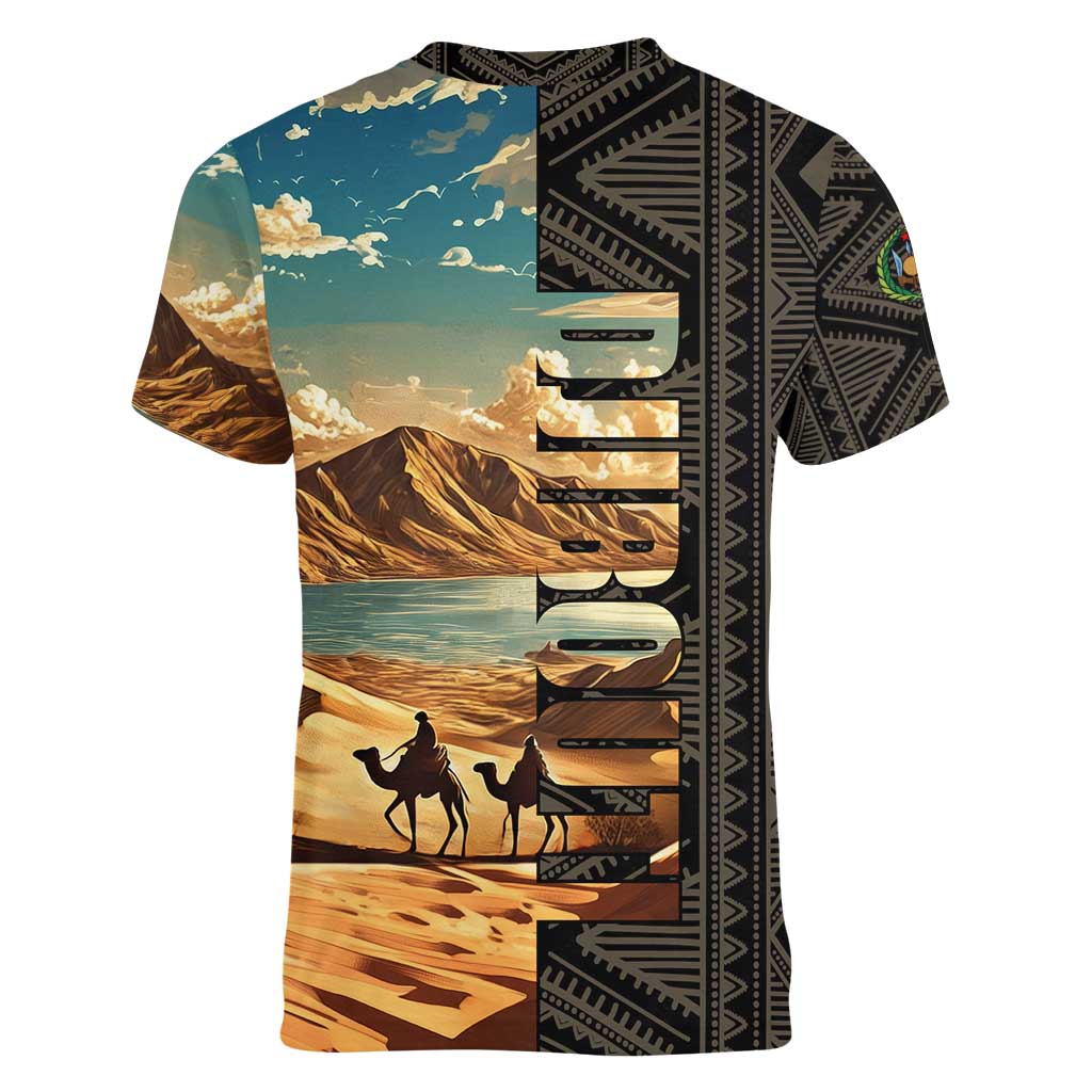 Djibouti Desert Landscape Tadjoura Women V-Neck T-Shirt with Camel Riders and Tribal Pattern Design
