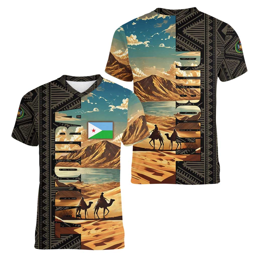 Djibouti Desert Landscape Tadjoura Women V-Neck T-Shirt with Camel Riders and Tribal Pattern Design