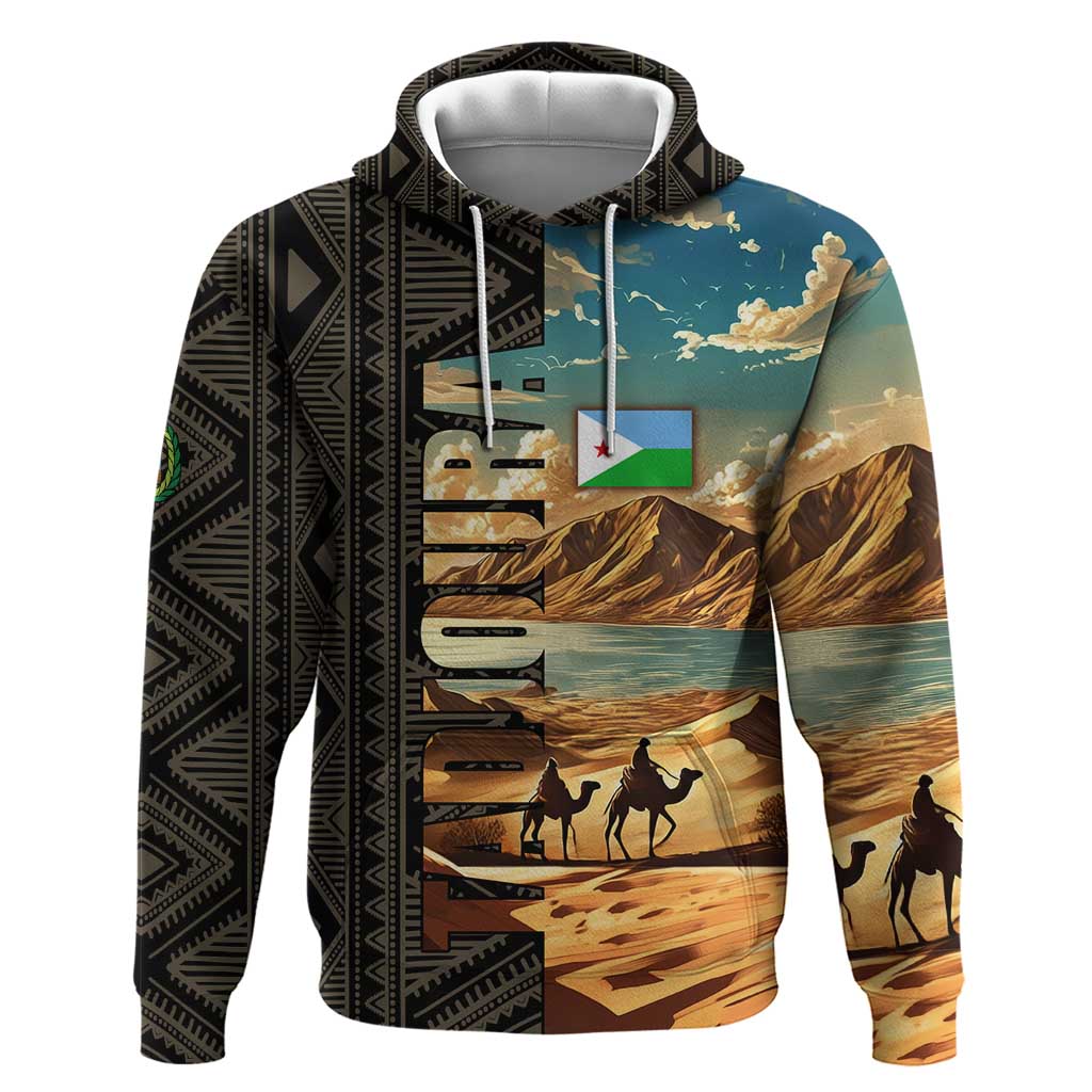 Djibouti Desert Landscape Tadjoura Zip Hoodie with Camel Riders and Tribal Pattern Design