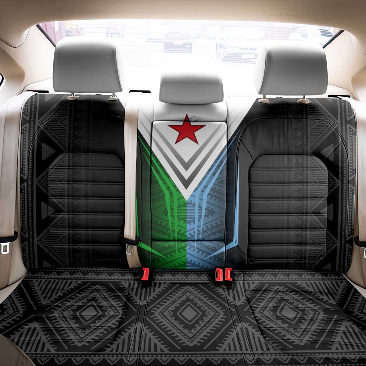 Djibouti Fusion Back Car Seat Cover Tribal Geometry Meets National Colors and Red Star Boldness