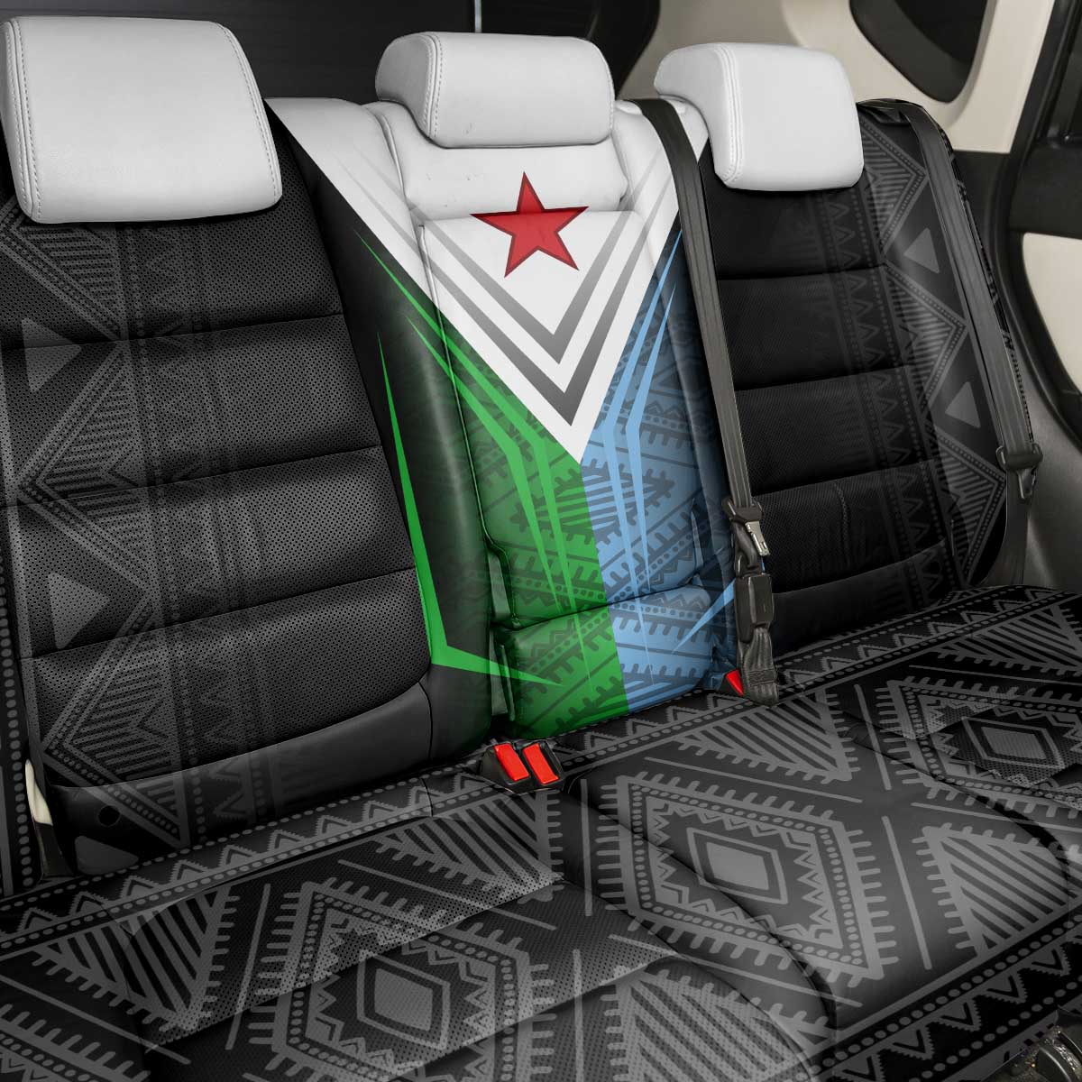 Djibouti Fusion Back Car Seat Cover Tribal Geometry Meets National Colors and Red Star Boldness