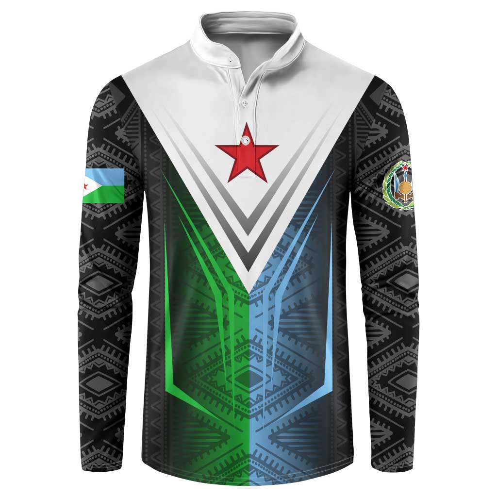 Djibouti Fusion Button Sweatshirt Tribal Geometry Meets National Colors and Red Star Boldness