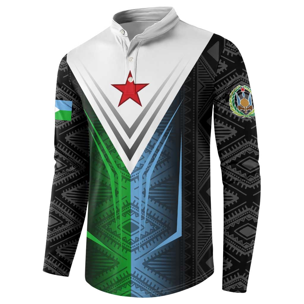 Djibouti Fusion Button Sweatshirt Tribal Geometry Meets National Colors and Red Star Boldness