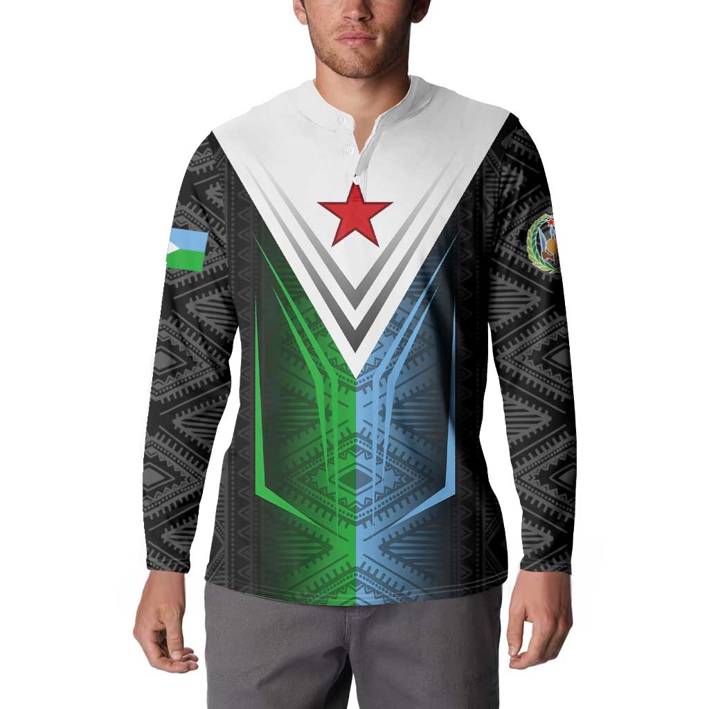 Djibouti Fusion Button Sweatshirt Tribal Geometry Meets National Colors and Red Star Boldness
