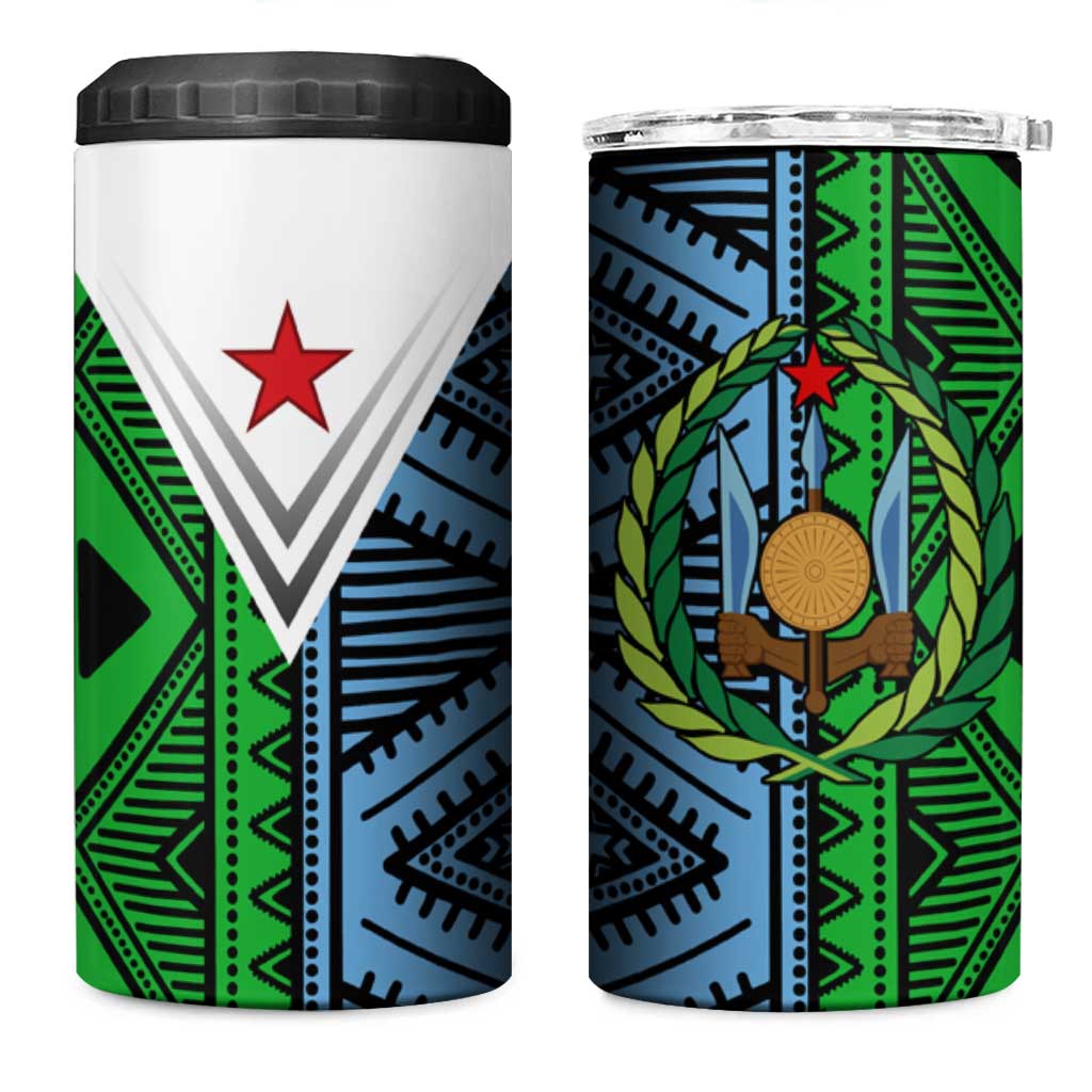 Djibouti Fusion 4 in 1 Can Cooler Tumbler Tribal Geometry Meets National Colors and Red Star Boldness