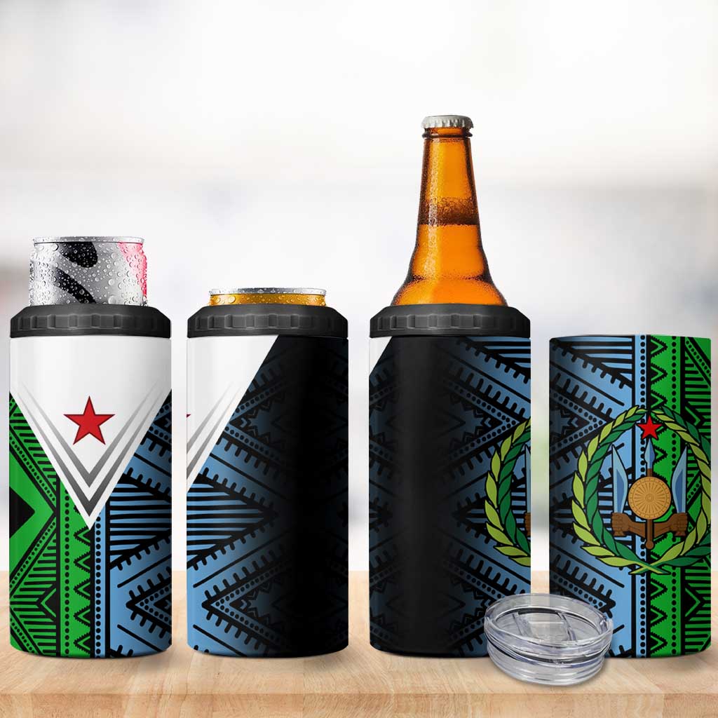 Djibouti Fusion 4 in 1 Can Cooler Tumbler Tribal Geometry Meets National Colors and Red Star Boldness