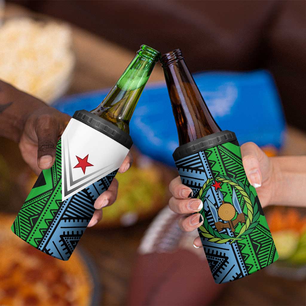 Djibouti Fusion 4 in 1 Can Cooler Tumbler Tribal Geometry Meets National Colors and Red Star Boldness