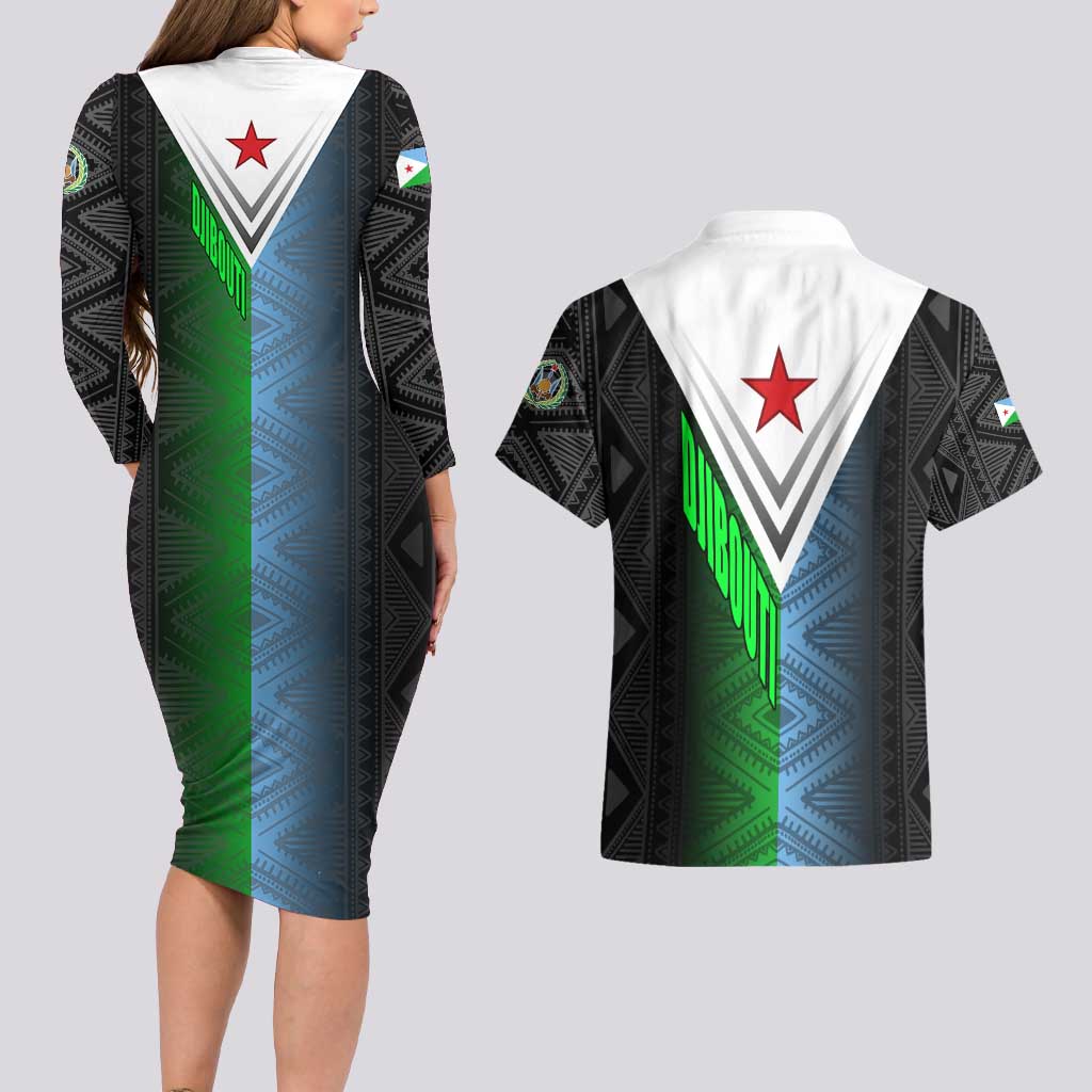 Djibouti Fusion Couples Matching Long Sleeve Bodycon Dress and Hawaiian Shirt Tribal Geometry Meets National Colors and Red Star Boldness