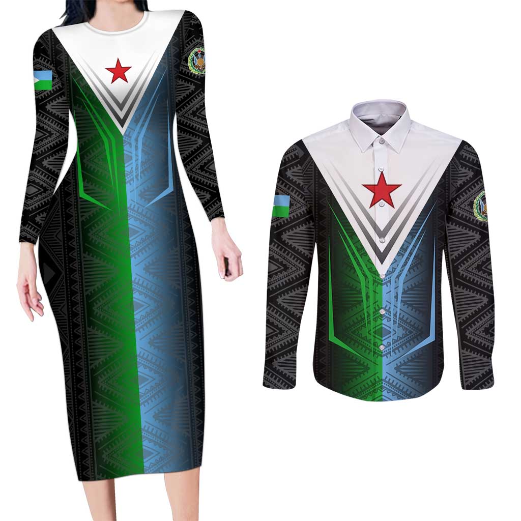 Djibouti Fusion Couples Matching Long Sleeve Bodycon Dress and Long Sleeve Button Shirt Tribal Geometry Meets National Colors and Red Star Boldness