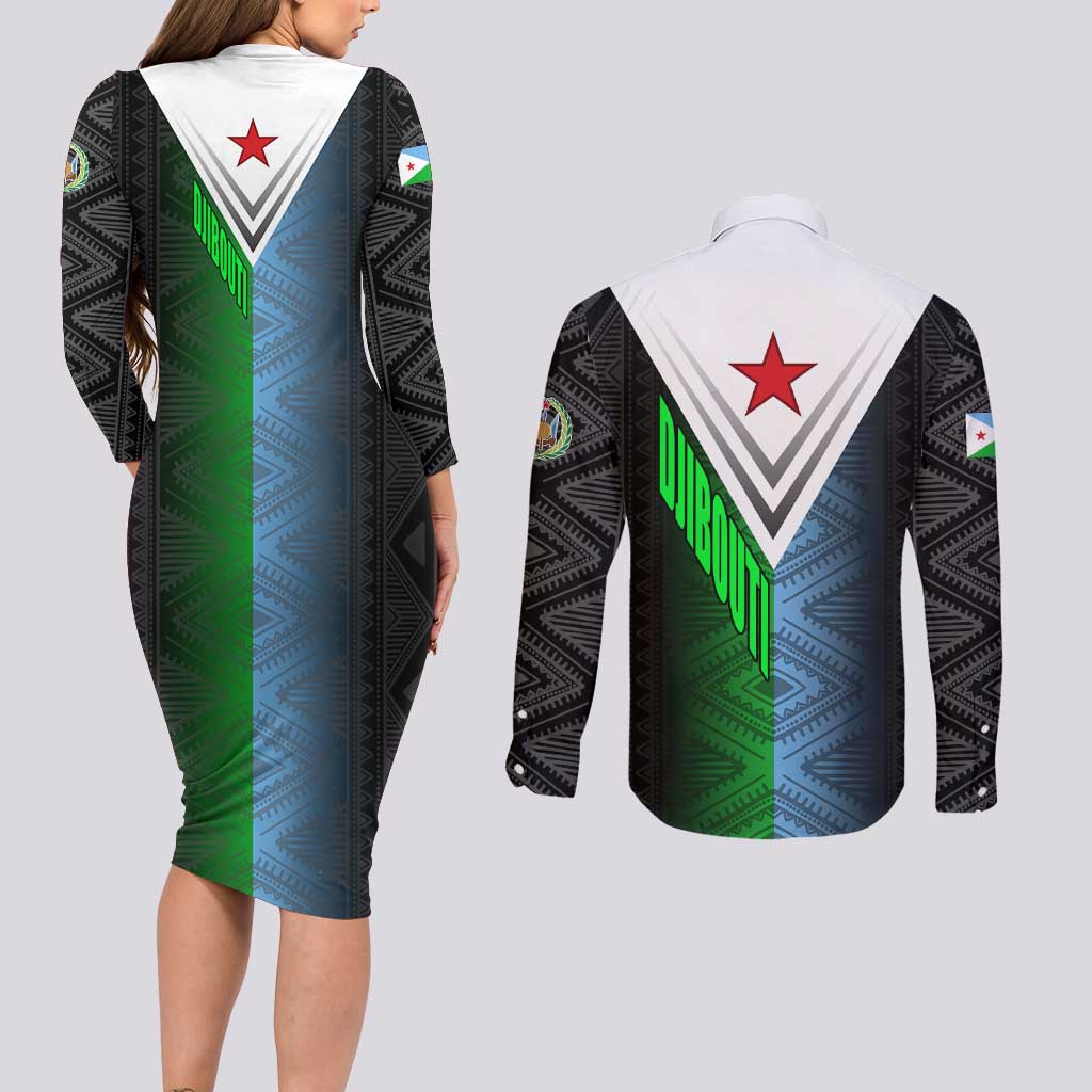 Djibouti Fusion Couples Matching Long Sleeve Bodycon Dress and Long Sleeve Button Shirt Tribal Geometry Meets National Colors and Red Star Boldness