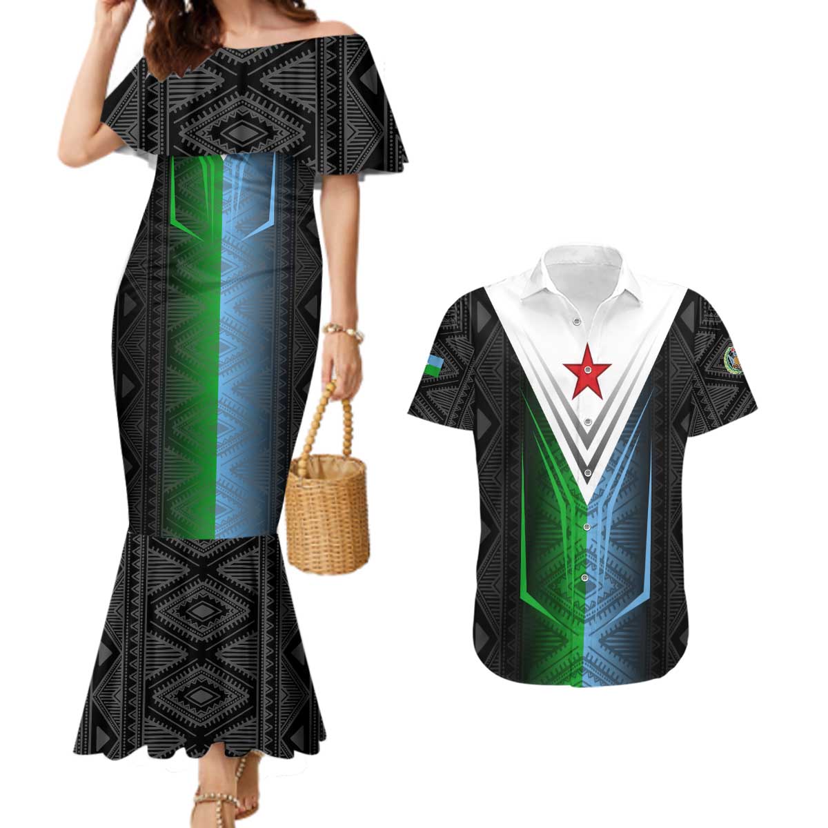 Djibouti Fusion Couples Matching Mermaid Dress and Hawaiian Shirt Tribal Geometry Meets National Colors and Red Star Boldness