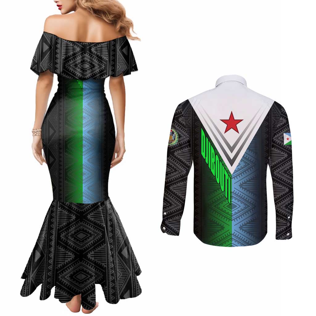 Djibouti Fusion Couples Matching Mermaid Dress and Long Sleeve Button Shirt Tribal Geometry Meets National Colors and Red Star Boldness