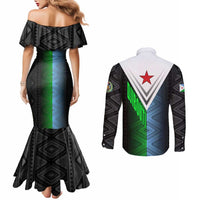 Djibouti Fusion Couples Matching Mermaid Dress and Long Sleeve Button Shirt Tribal Geometry Meets National Colors and Red Star Boldness