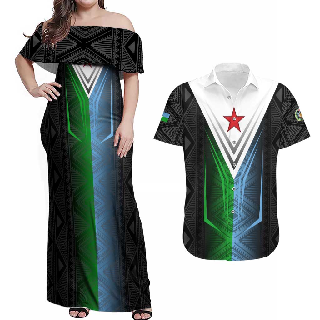 Djibouti Fusion Couples Matching Off Shoulder Maxi Dress and Hawaiian Shirt Tribal Geometry Meets National Colors and Red Star Boldness