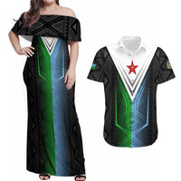 Djibouti Fusion Couples Matching Off Shoulder Maxi Dress and Hawaiian Shirt Tribal Geometry Meets National Colors and Red Star Boldness