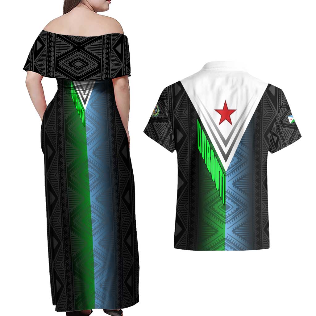 Djibouti Fusion Couples Matching Off Shoulder Maxi Dress and Hawaiian Shirt Tribal Geometry Meets National Colors and Red Star Boldness