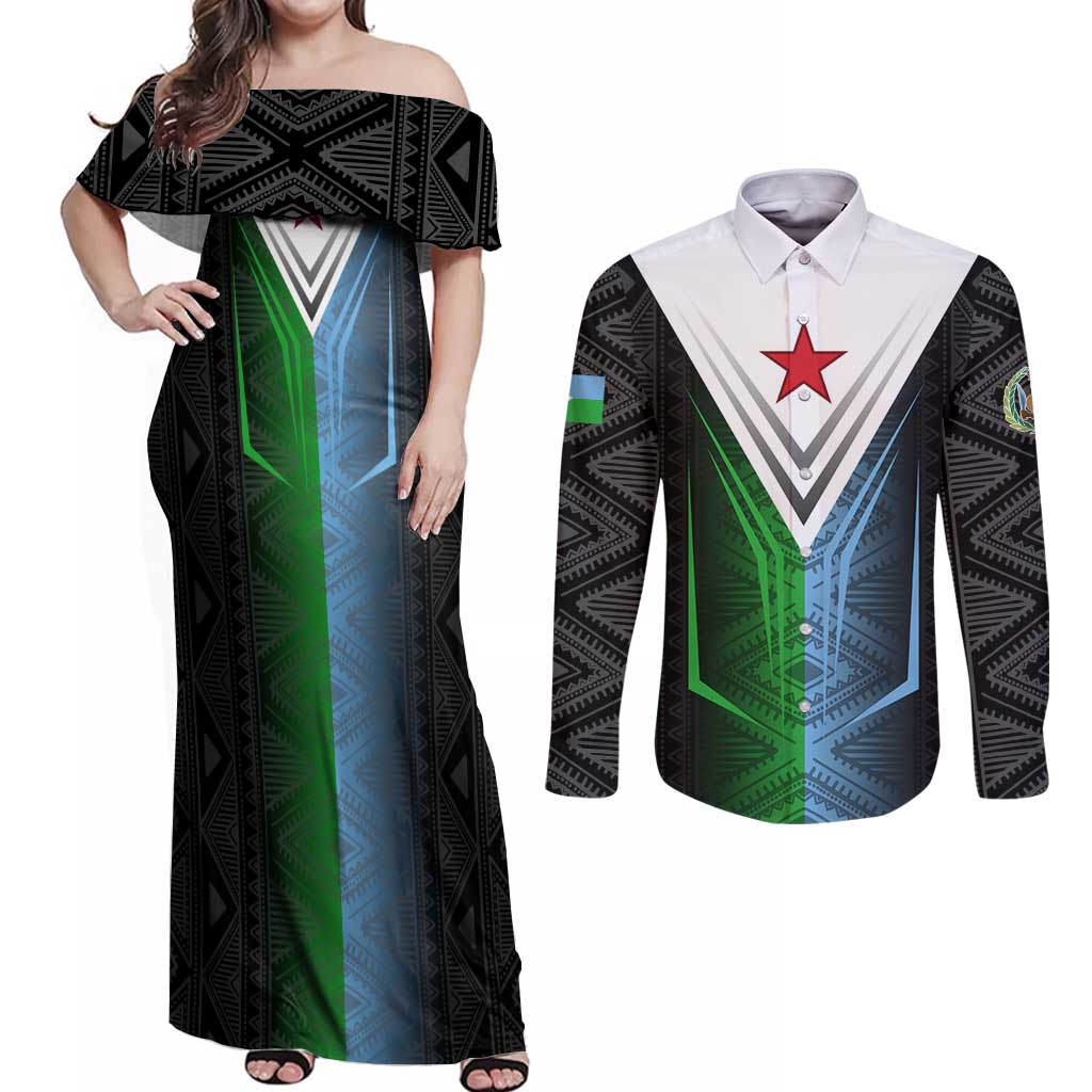 Djibouti Fusion Couples Matching Off Shoulder Maxi Dress and Long Sleeve Button Shirt Tribal Geometry Meets National Colors and Red Star Boldness