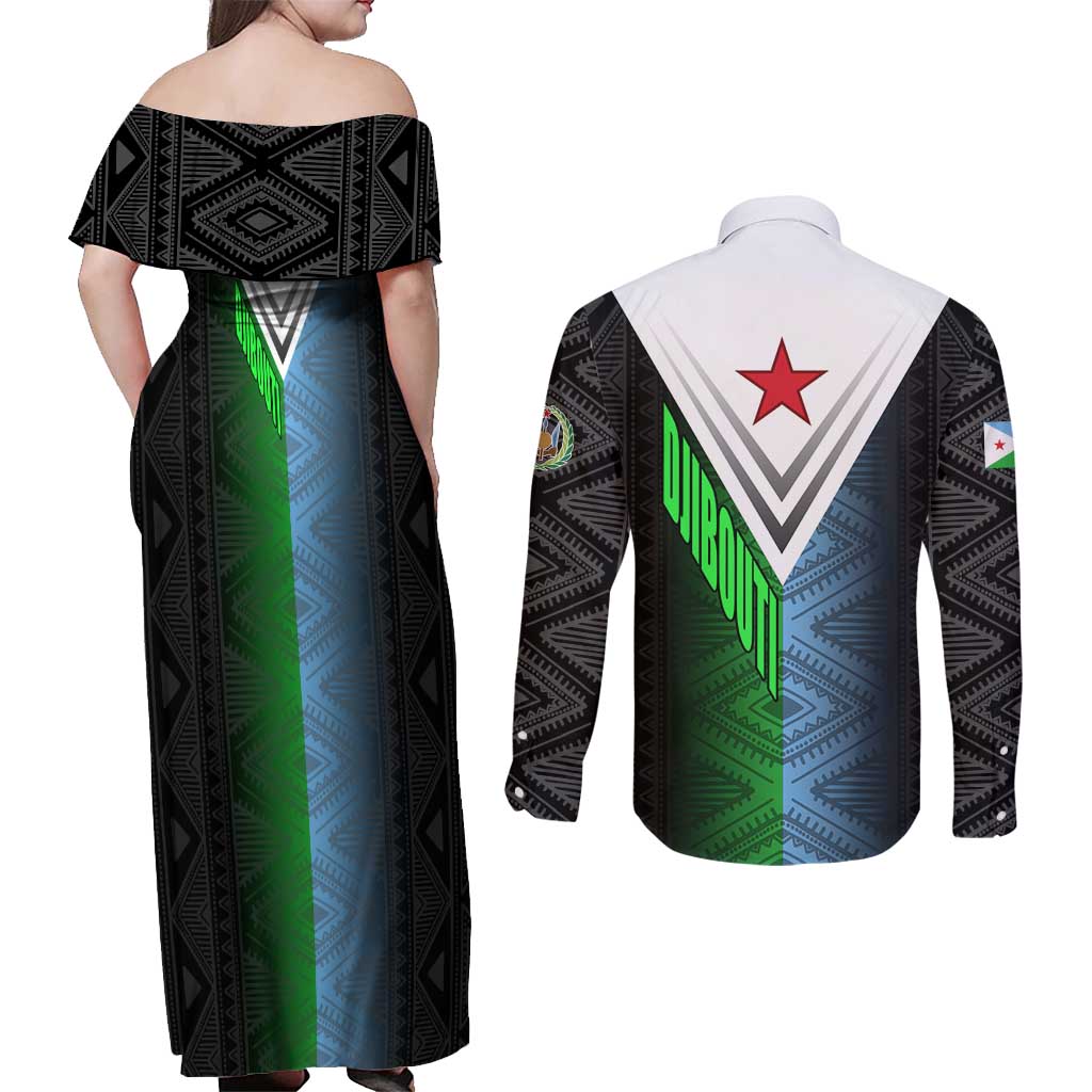 Djibouti Fusion Couples Matching Off Shoulder Maxi Dress and Long Sleeve Button Shirt Tribal Geometry Meets National Colors and Red Star Boldness