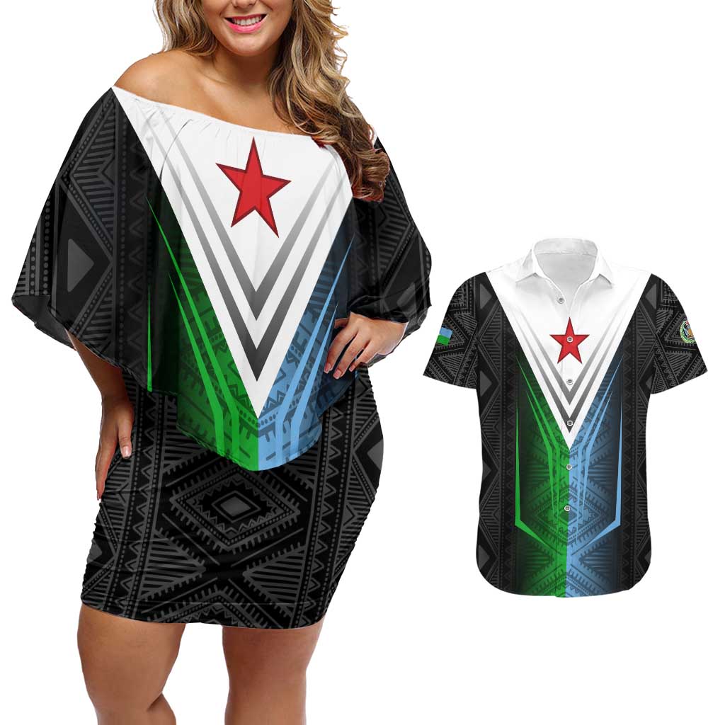 Djibouti Fusion Couples Matching Off Shoulder Short Dress and Hawaiian Shirt Tribal Geometry Meets National Colors and Red Star Boldness