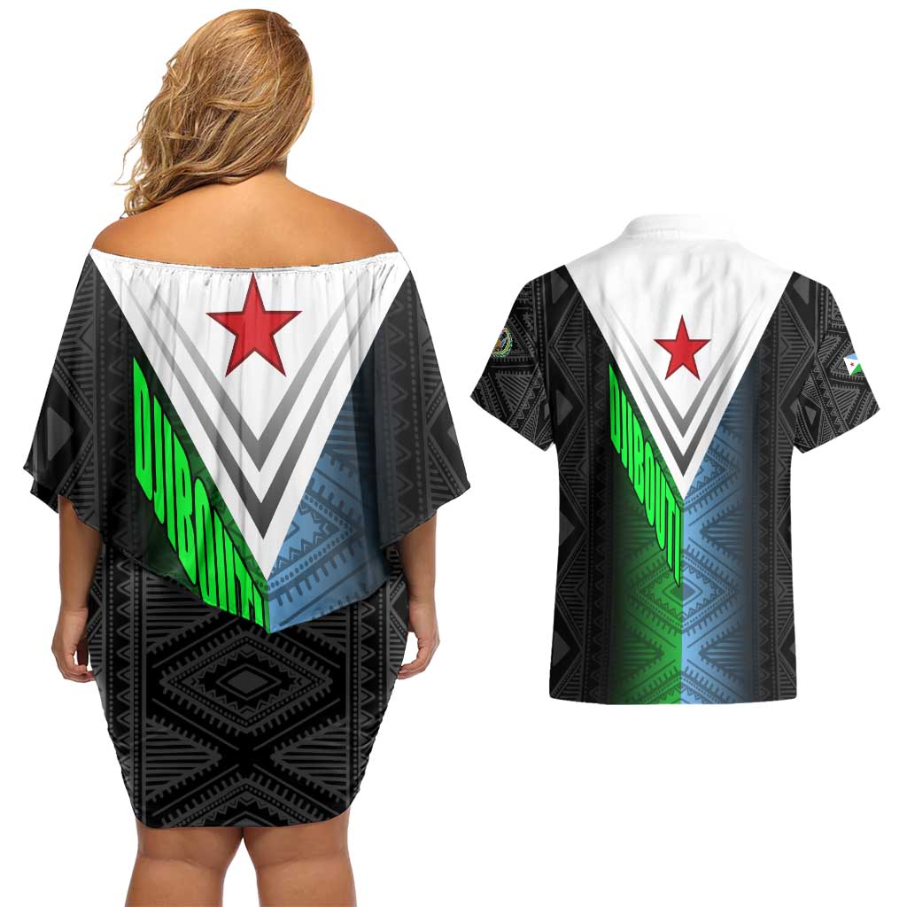 Djibouti Fusion Couples Matching Off Shoulder Short Dress and Hawaiian Shirt Tribal Geometry Meets National Colors and Red Star Boldness