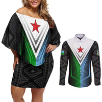 Djibouti Fusion Couples Matching Off Shoulder Short Dress and Long Sleeve Button Shirt Tribal Geometry Meets National Colors and Red Star Boldness