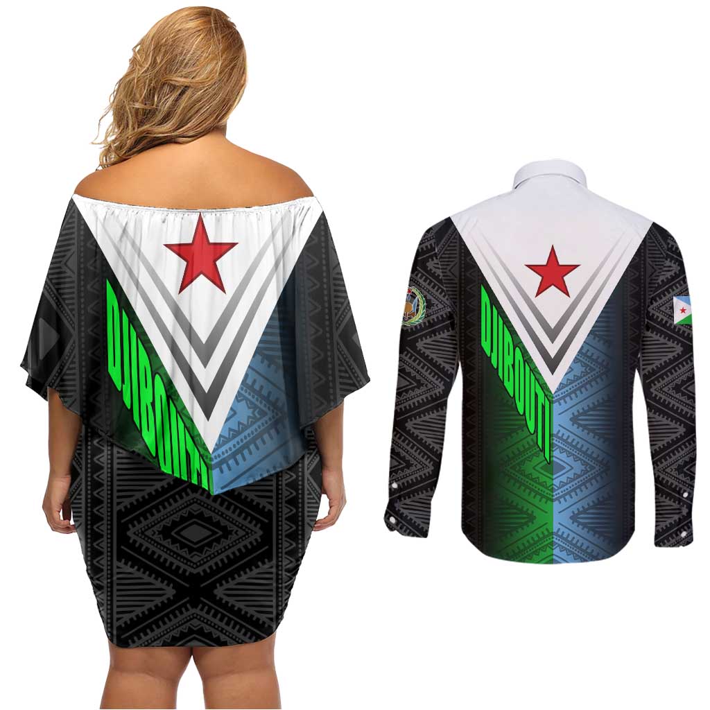Djibouti Fusion Couples Matching Off Shoulder Short Dress and Long Sleeve Button Shirt Tribal Geometry Meets National Colors and Red Star Boldness