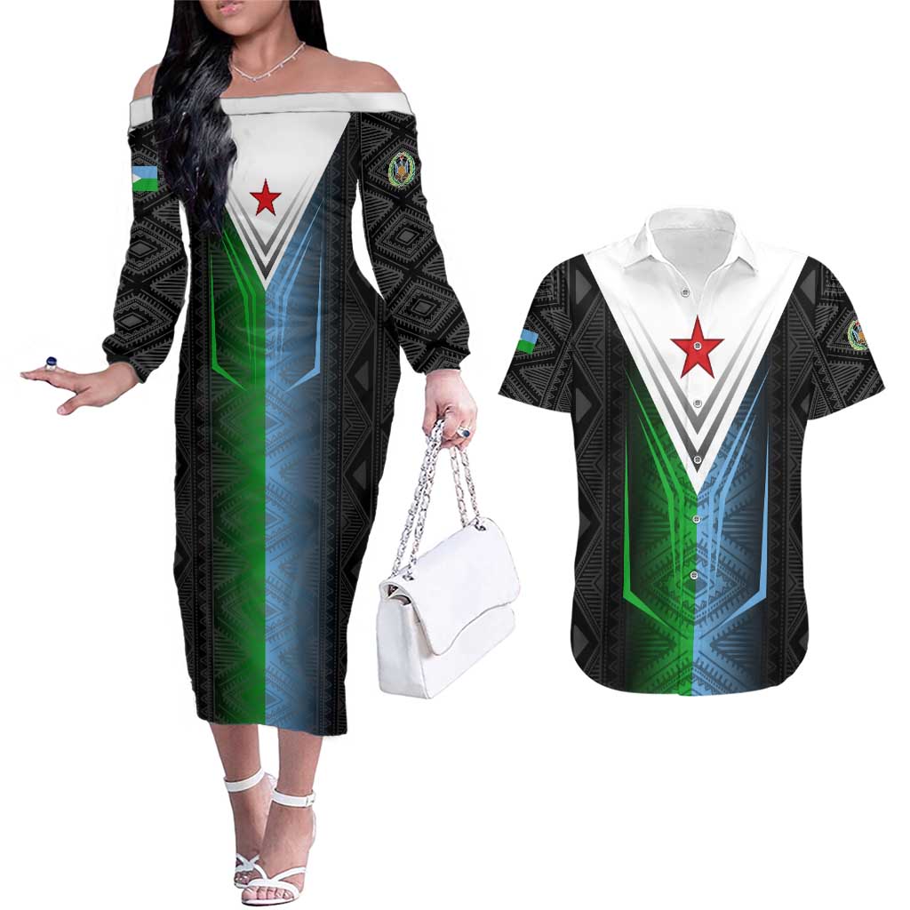 Djibouti Fusion Couples Matching Off The Shoulder Long Sleeve Dress and Hawaiian Shirt Tribal Geometry Meets National Colors and Red Star Boldness