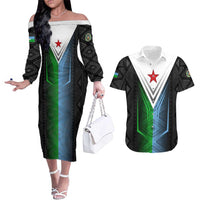 Djibouti Fusion Couples Matching Off The Shoulder Long Sleeve Dress and Hawaiian Shirt Tribal Geometry Meets National Colors and Red Star Boldness