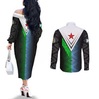 Djibouti Fusion Couples Matching Off The Shoulder Long Sleeve Dress and Long Sleeve Button Shirt Tribal Geometry Meets National Colors and Red Star Boldness