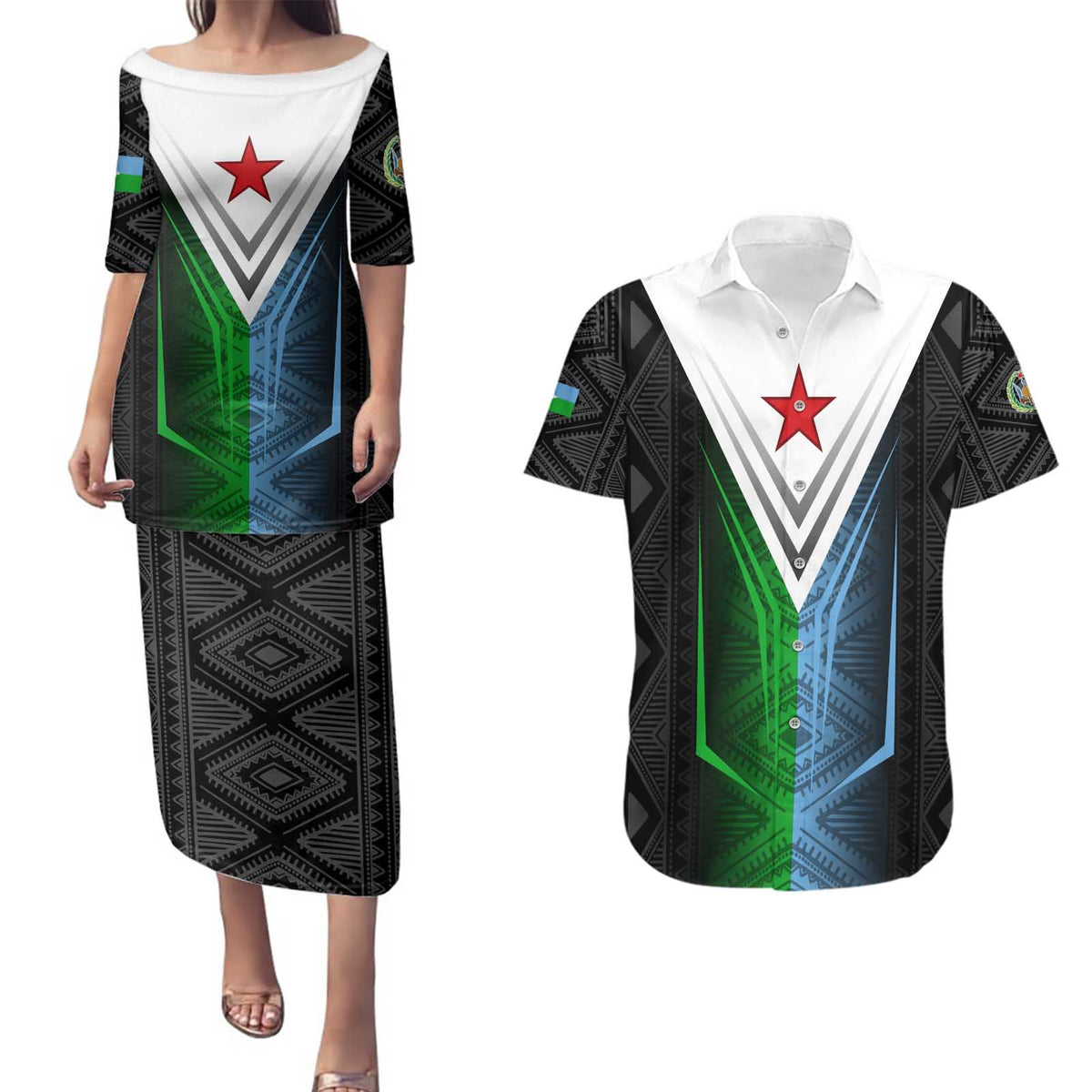 Djibouti Fusion Couples Matching Puletasi and Hawaiian Shirt Tribal Geometry Meets National Colors and Red Star Boldness