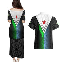 Djibouti Fusion Couples Matching Puletasi and Hawaiian Shirt Tribal Geometry Meets National Colors and Red Star Boldness