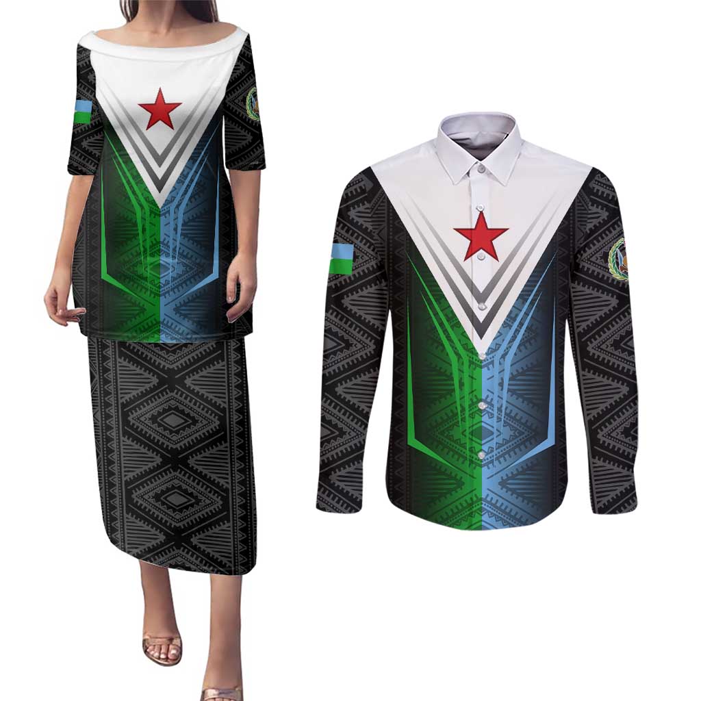 Djibouti Fusion Couples Matching Puletasi and Long Sleeve Button Shirt Tribal Geometry Meets National Colors and Red Star Boldness
