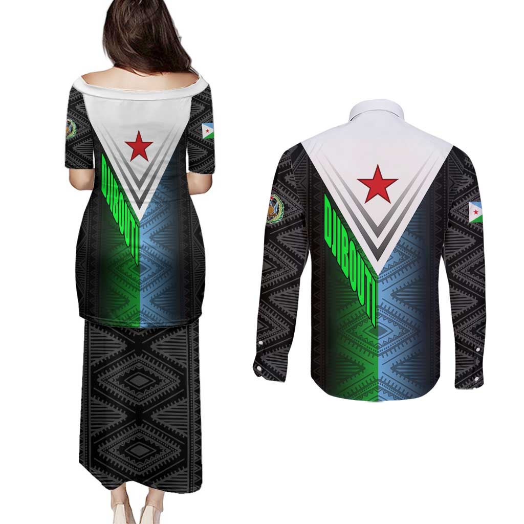 Djibouti Fusion Couples Matching Puletasi and Long Sleeve Button Shirt Tribal Geometry Meets National Colors and Red Star Boldness