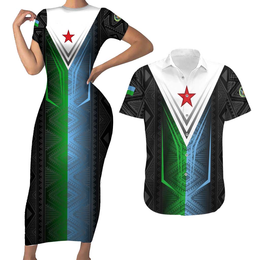 Djibouti Fusion Couples Matching Short Sleeve Bodycon Dress and Hawaiian Shirt Tribal Geometry Meets National Colors and Red Star Boldness