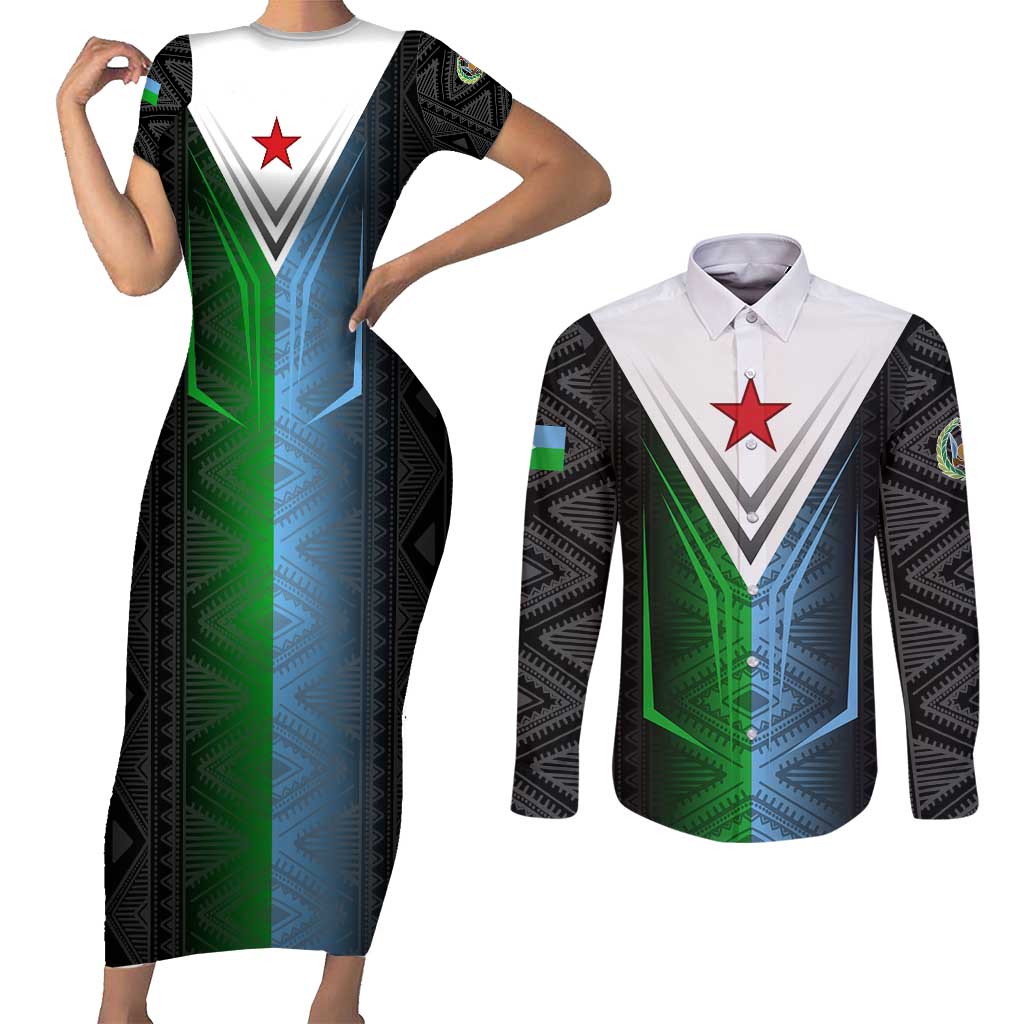 Djibouti Fusion Couples Matching Short Sleeve Bodycon Dress and Long Sleeve Button Shirt Tribal Geometry Meets National Colors and Red Star Boldness