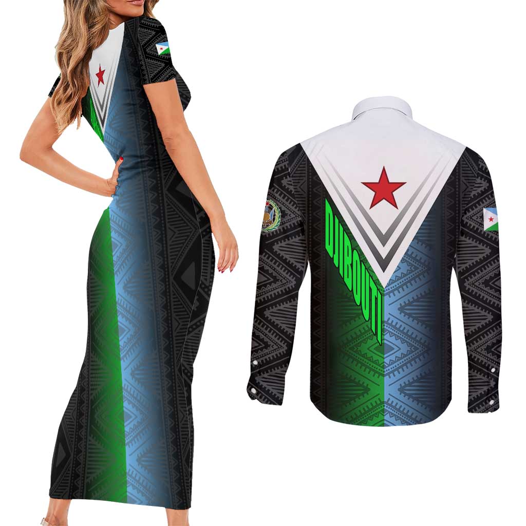 Djibouti Fusion Couples Matching Short Sleeve Bodycon Dress and Long Sleeve Button Shirt Tribal Geometry Meets National Colors and Red Star Boldness